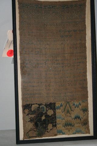 441) AMERICAN SAMPLER D. OCTOBER, 1761, & SGD. : CATHERINE SAVRIY (SAVEITY) ?? APOSTLE'S CREED & EXAMPLES OF PETITPOINT & FLAME STITCHING, 21" X 10", PROV.: BEDFORD HOMESTEAD, NAME REVEALED TO PURCHASER