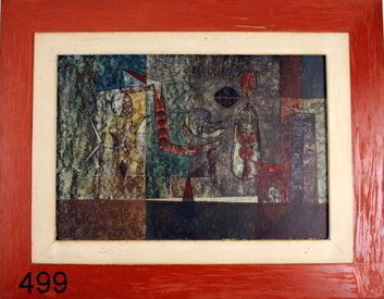 499) JOHN HELIKER, B 1909 YONKERS, N.Y., OIL ON BOARD,: ABSTRACT, SGD. ON BACK OF FRAME, 12" X 17 3/4"