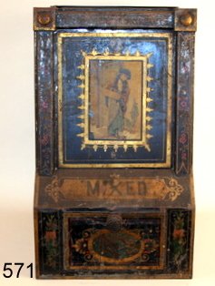 571) L 19TH C. COUNTRY STORE TOLE TEA BIN W/ : TRANSFERWARE PRINT, LIFT TOP, PULL DOWN DRAWER, H. 21" X 15 X 12.5", PAINT LOSS