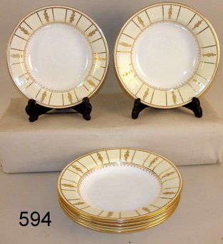 594) SET 7 FANCY SOUP DISHES BY GEORGES JONES & SONS, : MADE FOR TIFFANY & CO., 2-W/GILTWARE ON OUTER EDGE, MKD. STOKE-ON-TRENT, GEORGES JONES & SONS WITHIN CRESCENT