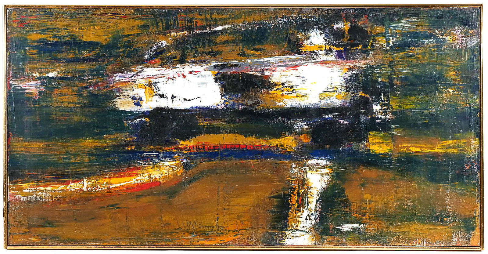 DAVID KAPP (American, b. 1953): Oncoming Car, 1990 Oil on linen New York City, 1990, signed, titled, and dated on verso, with David Beitzel Gallery label on stretcher h. 24-1/2 w. 48 in. overall: 25 x 49 in. (frame) Provenance: Davi