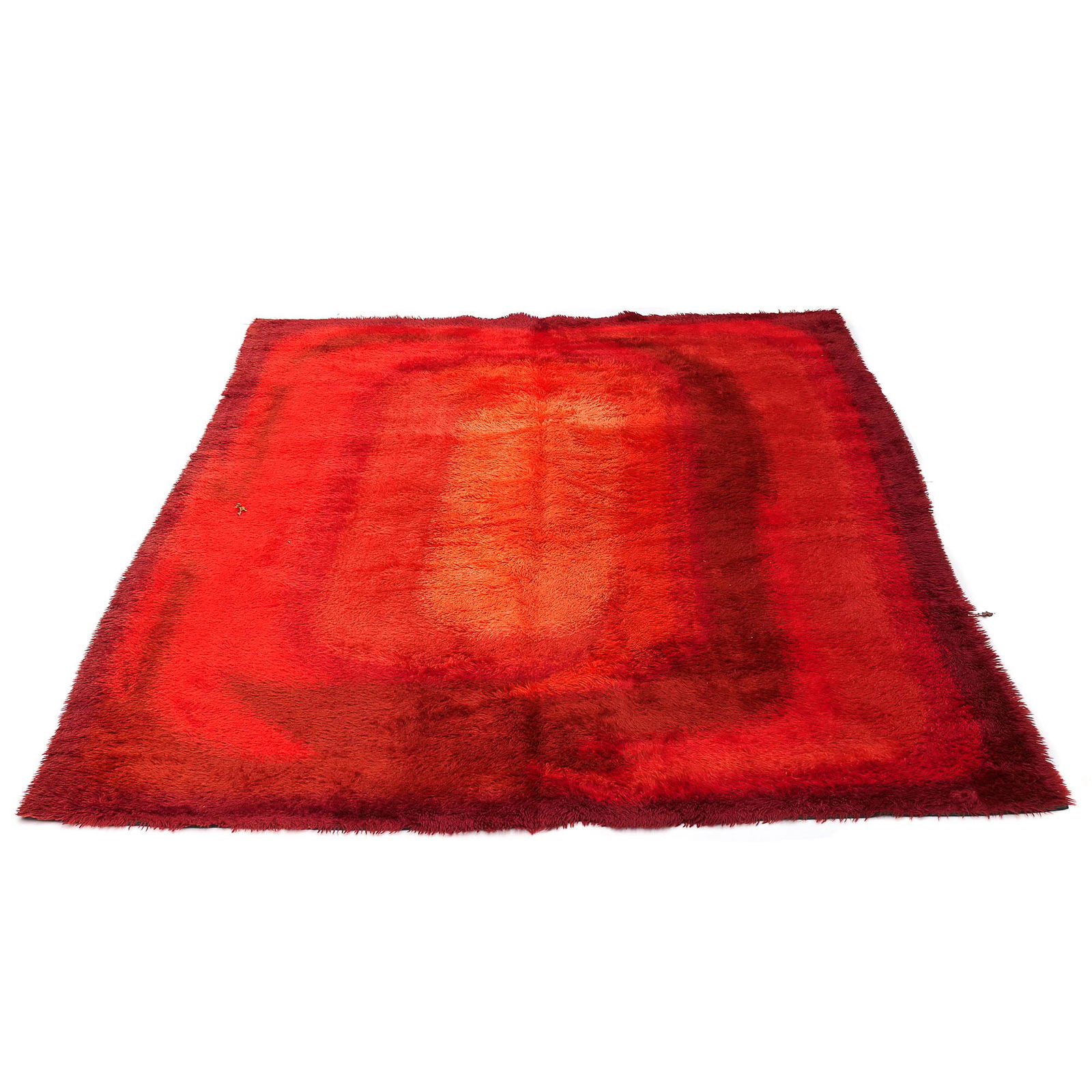 EGE RYA DANISH MODERN SHAG WOOL RUG: Mid-century modern wool pile rug in red "Flora" design h. 11 ft. 5 in. w. 7 ft. 11 in. Accompanied by some original documents, pictured IN SITU ITEM: This lot is not scheduled for display in our saler