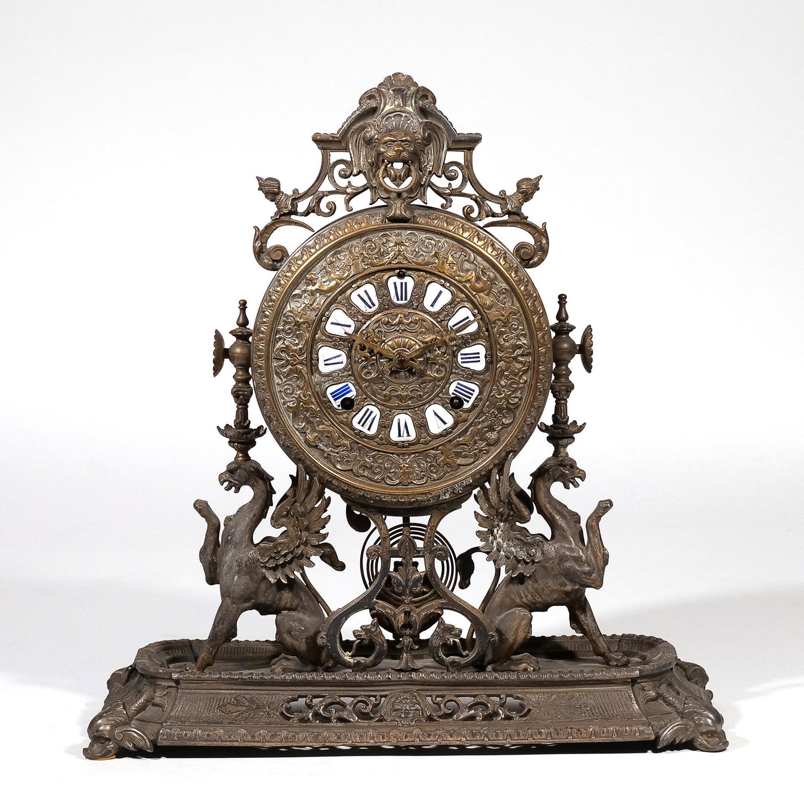 ANSONIA PATINATED METAL GRIFFIN MANTEL CLOCK (1 of 16)