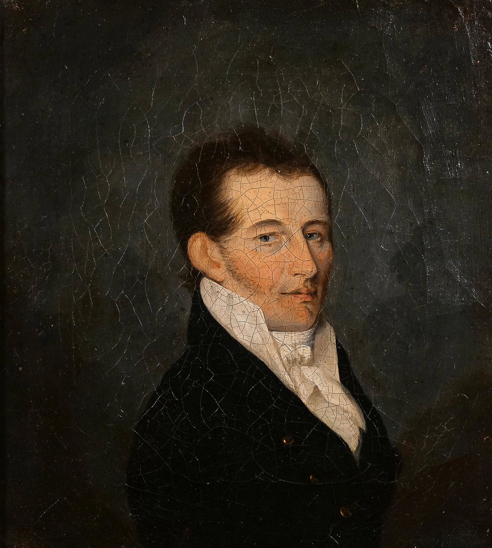 FRENCH SCHOOL, 19th Century: Portrait of Pierre de Boucherville Oil on canvas In a gilt carved frame with plaque reading, "Hon. Pierre de Boucherville / 1780-1857" h. 9-1/2 w. 8-1/2 in. overall: 15-3/4 x 15-1/4 in. Provenance: Be