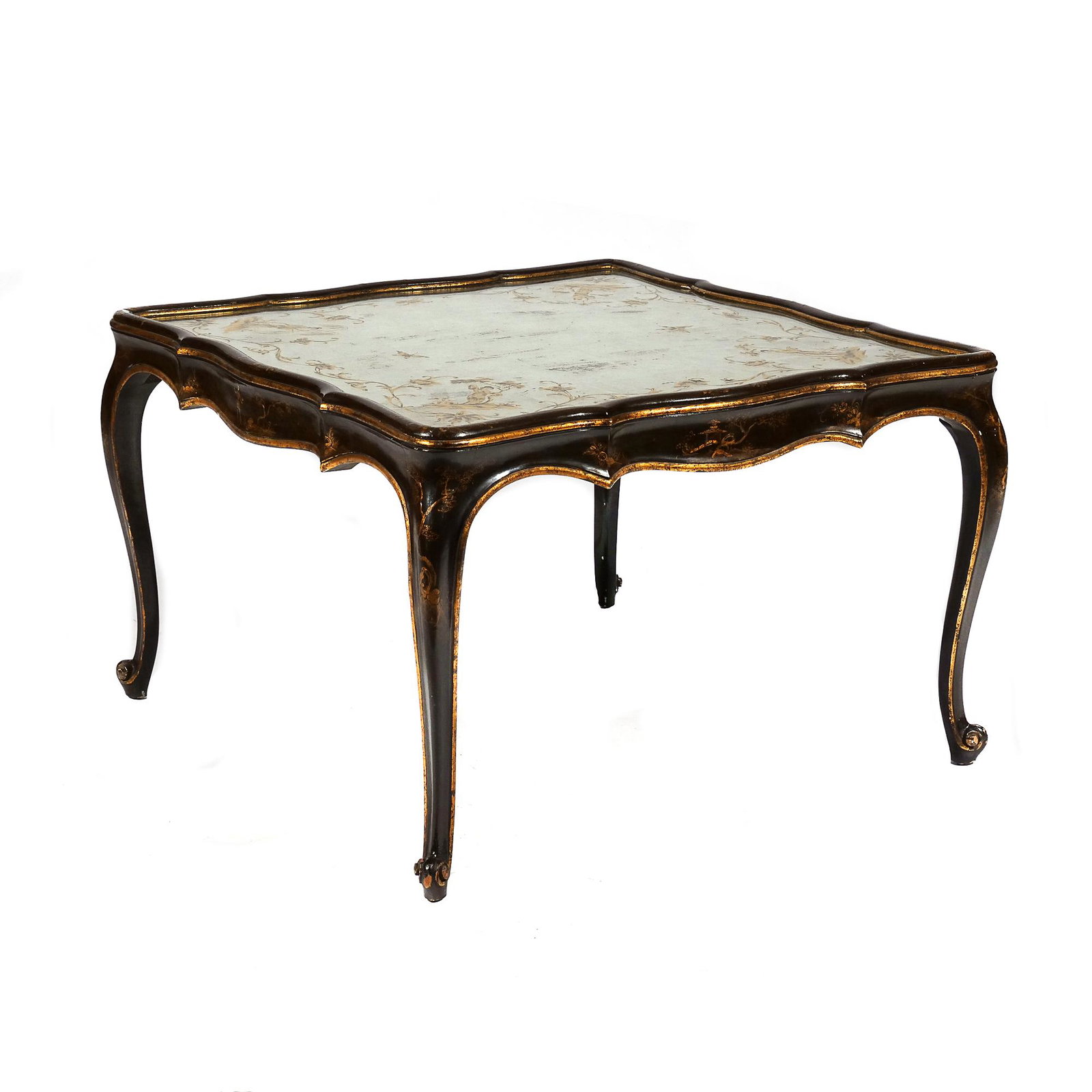 20th CENTURY LOW TABLE IN CHINESE TASTE: Mirrored surface with gilt design, having a serpentine frame with barbed points and conforming frieze, resting on cabriole legs with scroll feet, the case green with gilt highlights h. 19 w. 29 d. 29 