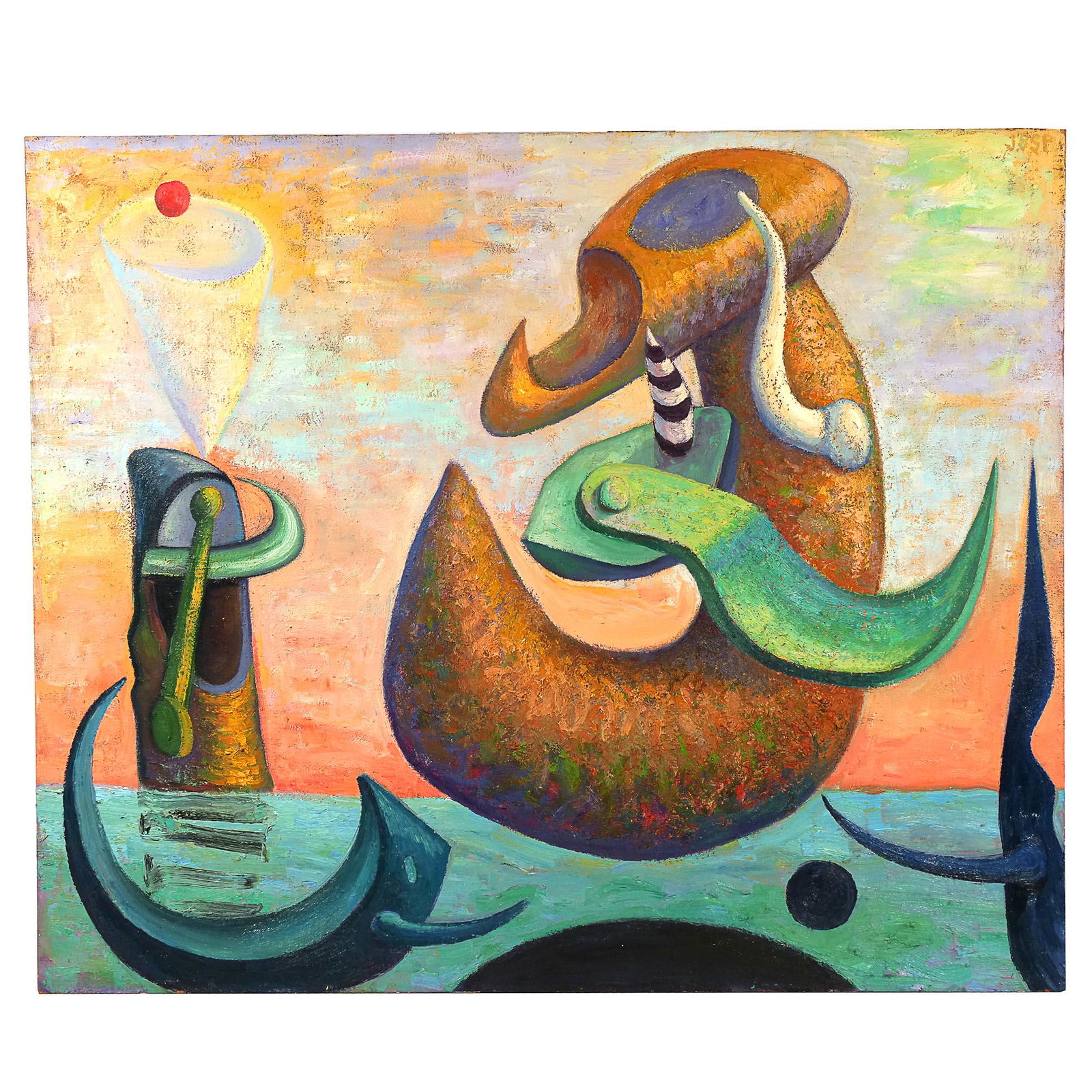 ROBERT JESSUP (American, b. 1952): Becalmed Oil on canvas Abstract surrealist seascape with figures, signed upper right "JSSP" and signed, titled, and dated 1991 on verso h. 50 w. 60 in. Provenance: Items from an important collector of