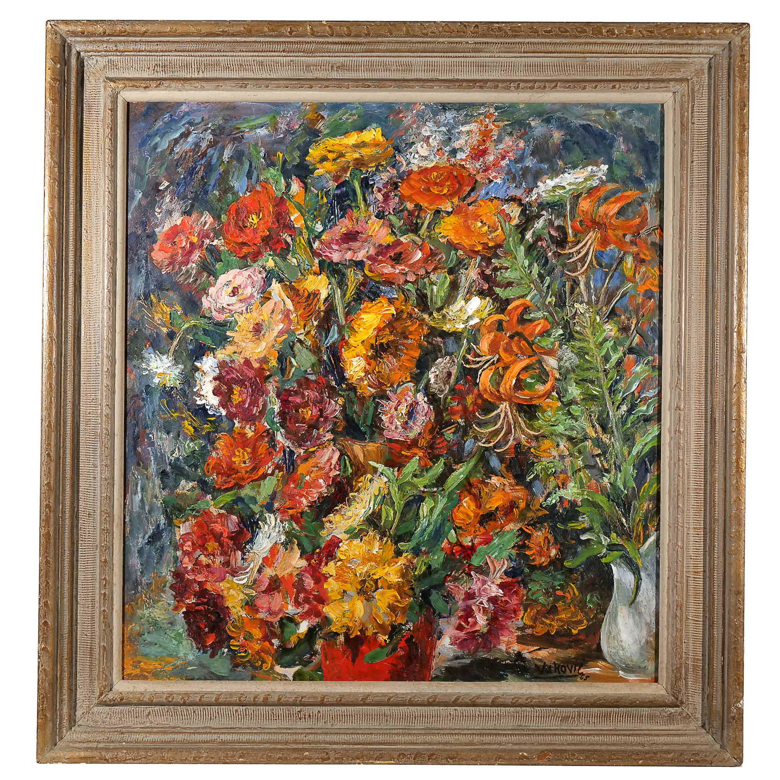MARKO (MARK) WALKER VUKOVIC (New York, 1892-1973): Untitled (multiflora still-life) Oil on board Yugoslavia (former), signed Vukovic & dated '65 lower right, in a carved frame h. 30 w. 28 in. overall: 38 x 35-1/2 in. (frame) Provenance: A Fairfield, C