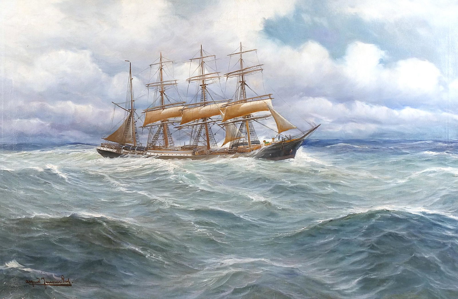 CONTINENTAL SCHOOL MARINE PAINTING (20th Century): Padua Oil on canvas Circa early 20th century, showing a ship at sea, signed indistinctly lower left; in a gilt carved frame overall: 36 x 50 in. (frame) Provenance: From the collection of a Pound Ridg