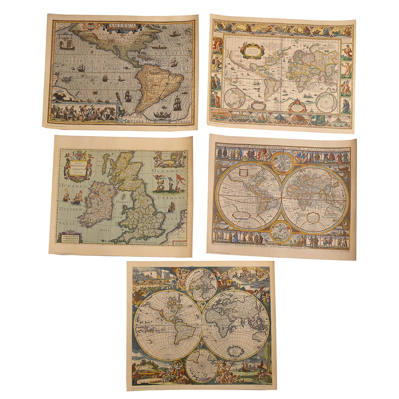 (5pc) HOFFMANN-LA ROCHE MAPS: 1950s reissues of four 17th century maps, by Hoffmann - La Roche Inc, Nutley, N.J., including [1] Series M1 Overton London 1670 (13-3/4 x 17-1/4 in.); [2] Series M4 Mercator Amsterdam c. 1610 (14 x 18