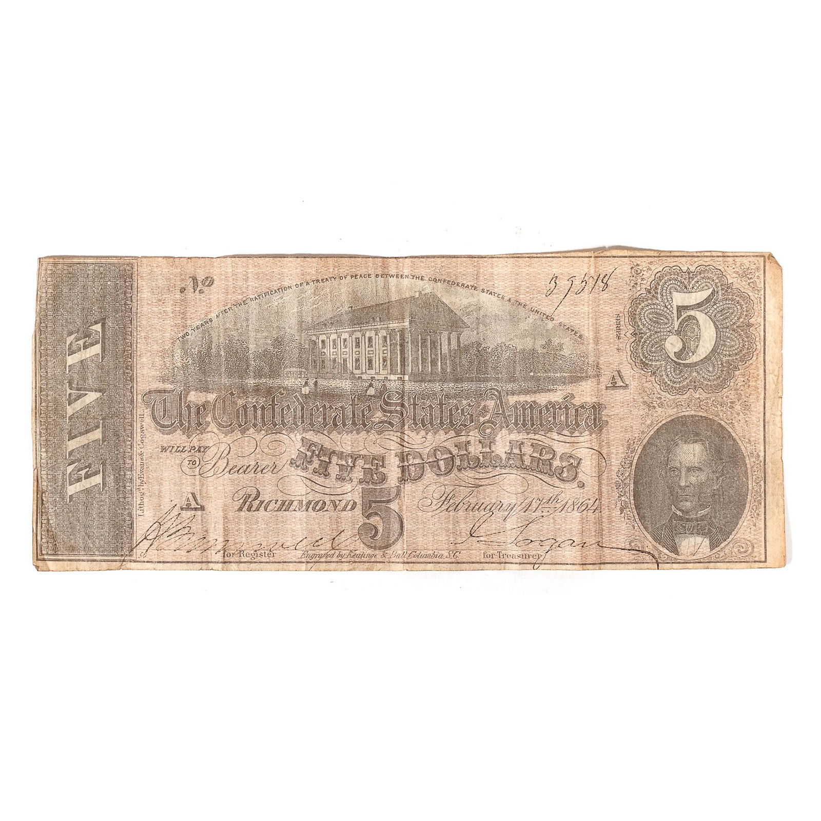 1864 CONFEDERATE $5 BILL (1 of 6)