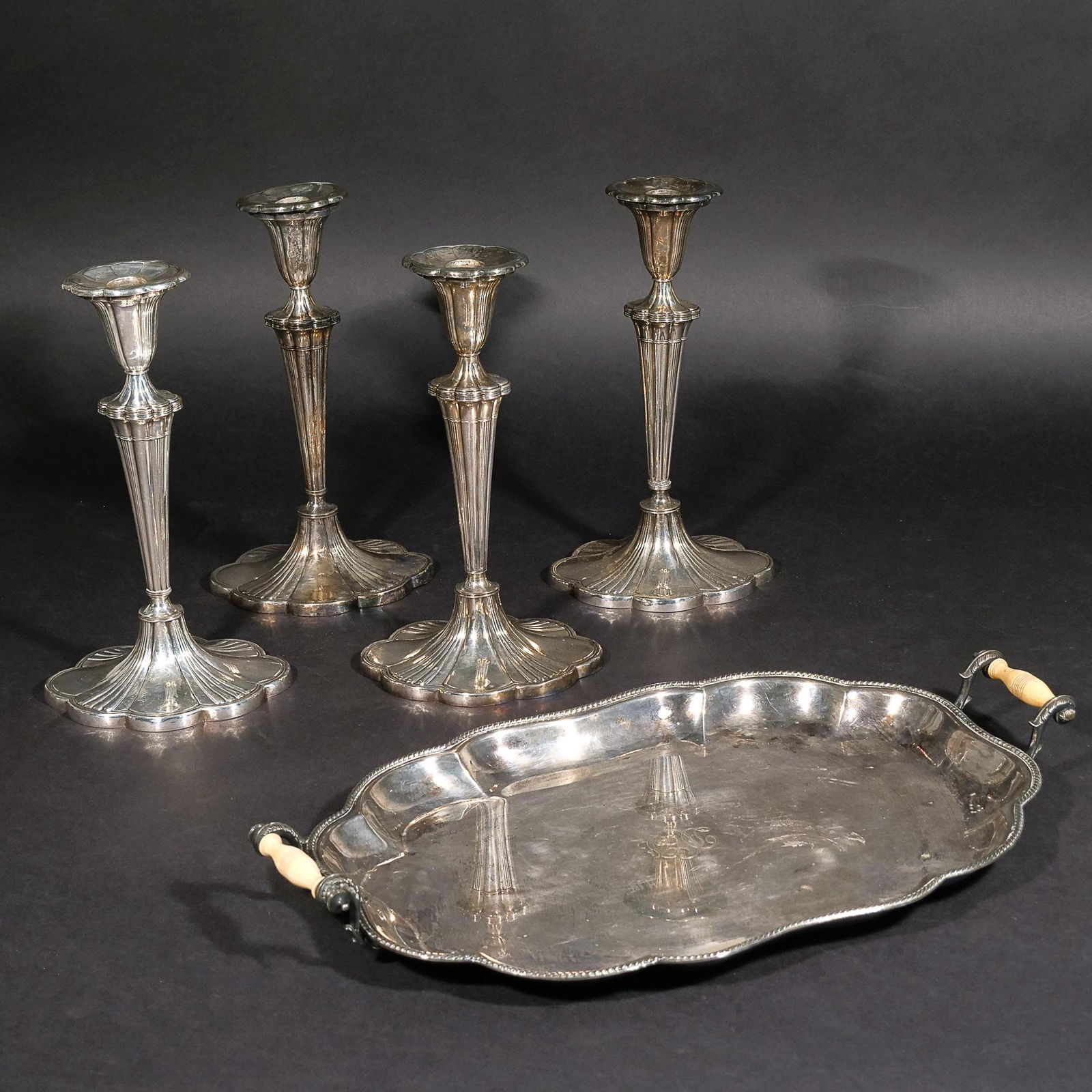 (5pc) TRAY & GORHAM SILVER SOLDERED CANDLESTICKS (1 of 13)