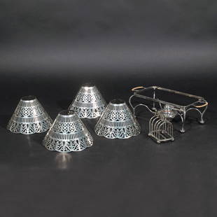 (6pc) SILVER PLATE: ABERCROMBIE, ASPREY, & GORHAM: Including an Abercrombie & Fitch Co. silver plated toast rack (h. 4-1/2 x w. 3-1/2 in.), an Asprey of London silverplate warming stand with rattan handles on ball feet, stamped no. 6359, with burner (