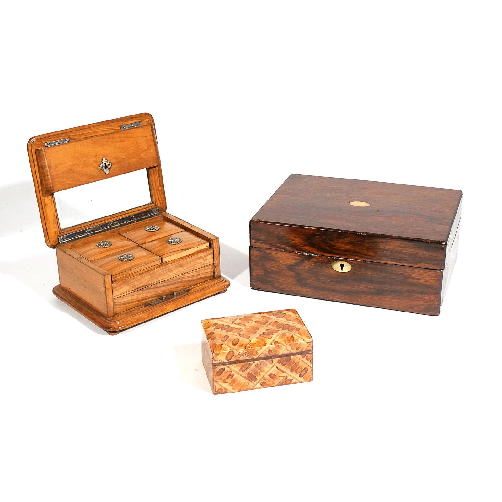 (3pc) MISC. DECORATIVE BOXES: Including a glass-top box with two inset trays the top with four matching boxes; a wood box with inset shell; and a small box made in the Philippines h. 4-3/4 w. 11-1/2 d. 8-3/4 in. (largest) Provenan