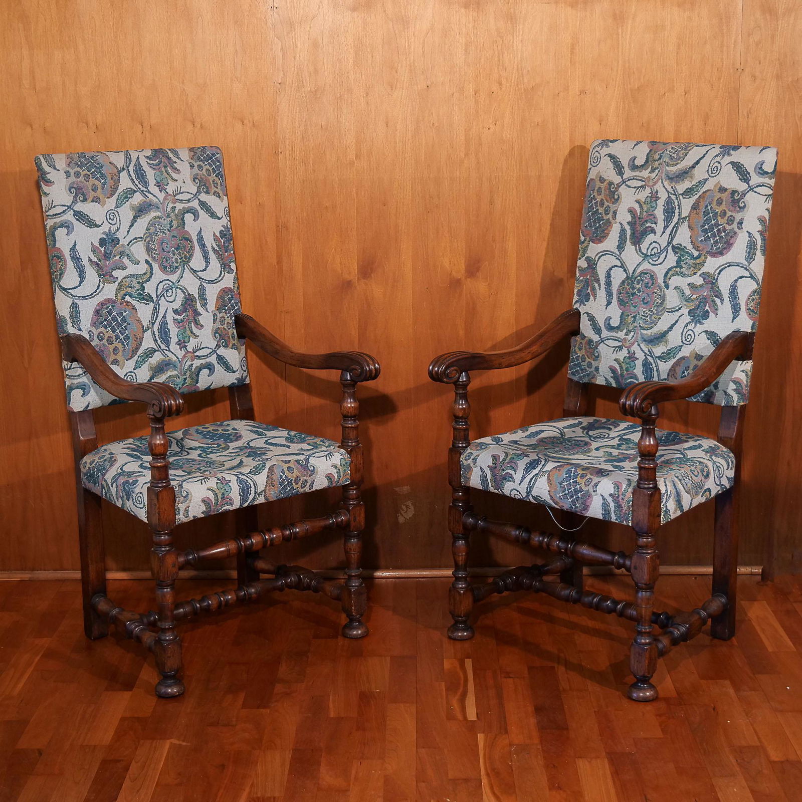 PAIR OAK JACOBEAN-STYLE ARMCHAIRS (1 of 3)