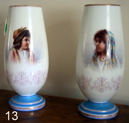 13) PAIR 19TH C. BOHEMIAN OPALINE PORTRAIT VASES W/HAND: PAINTED 1/2 PORTRAITS OF CHILDREN ON CREAM GROUND, ON CERULEAN BLUE STEPPED SOCLE W/RAISED ENAMELING LAPPETS, H. 14 ½", W. 6", GILT WARE ON SOCLE EDGE & RIM EDGE