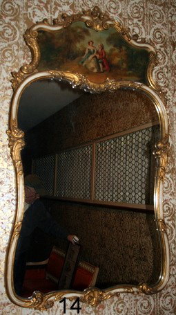 E.20C. CARTOUCHE-SHAPE TRUMEAU WALL MIRROR, WATTEAU-: -STYLE PTG.,H. 48", W. 28"
