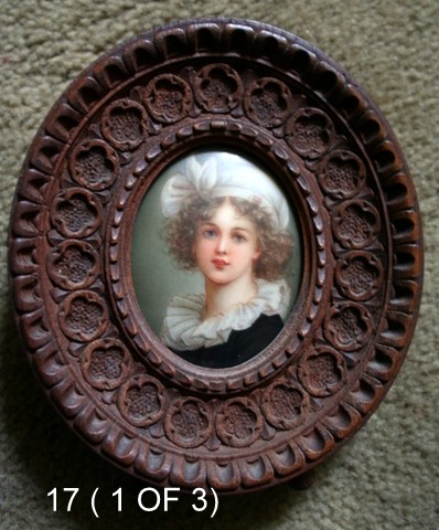 17) 3 PCS. PLAQUE LOT: LIMOGES FRANCE ENAMELED ½ : PORTRAIT OF YOUNG NOBLE LADY FACING LFT. IN TONDO, ORIGINAL GILT ORMOLU FRAME, SIGHT DIA. 2 ¼";OVAL PORCELAIN, YOUNG WOMAN W/WHT. HAT IN EASEL BACK FRAME, 2 1/3" X 1 ¾"; OVAL PLAQUE 2-CHERUBS & LAMB