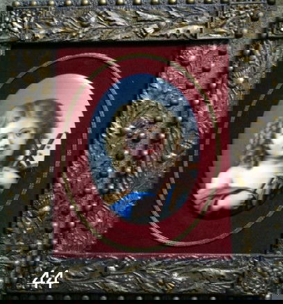 44) KPM-STYLE PORCELAIN OVAL PLAQUE OF CHILD HOLDING : CROSS, 7 ½ X 5 ¾", IMPRESSED K OVER # 1 ON VERSO