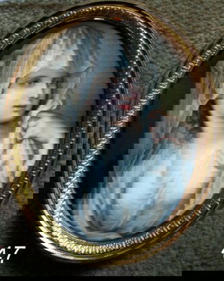 47) KPM-STYLE OVAL PORCELAIN PLAQUE OF FEMALE IN WHITE : GOWN & VAIL, MOUNTED IN PERIOD GILT EASEL BACK FRAME, MKD. K/13