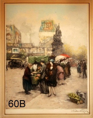 60B) MANUEL ROBBE (FR. 1872-1936) COLOURED AQUATINT, : "MARCHX AUX FLEURS", PENCIL SIGNED LR, ARTIST PROOF, TITLED ON VERSO, 14 1/2" X 11" SIGHT