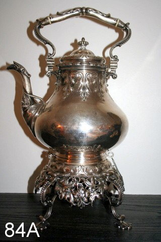 84A) WILLIAM GALE STERLING SILVER TEA KETTLE RETAILER:: TIFFANY & CO.,REPOUSSE, ON STAND, CA 1860-65,, H. OVER HANDLE 15 1/2", 67 TOZ KETTLE W/FEW DINGS, NAME: F? FROST ENGRV. ON KETTLE