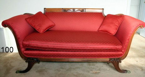 100) DUNCAN PHYFE-STYLE CARVED MAHOGNY SETTEE, L. 5'-6": H. 31", D. 26",HAVING CARVED CREST RAIL OF CORNUCOPIA, S-SCROLL ARMS, OVER CORNUCOPIA-SHAPED FEET W/BRASS CLAW FEET, COND.: UPHOL. GOOD COND., SOLID CONSTRUCTION