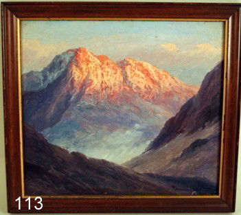113) RAMOS CATALAN (CHILEAN, 1890-?) O/B, CHILEAN : MOUNTAIN LANDSCAPE, SGD. L.R., SIGHT 7 1/2" X 8 1/2"