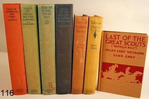 116) LOT 7 BOOKS BY ZANE GREY, 5-ON FISHING, PUBL. : GROSSET & DUNLAP:TALES OF FISHING VIRGIN SEAS W/CUT ON BINDING; TALES OF FRESH-WATER FISHING; TALES OF THE ANGLERS ELDORADO, N.Z.; TALES OF FISHING; TALES OF SOUTHERN RIVERS; AND LAST OF THE GREAT SCO