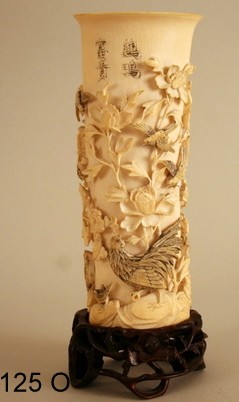 125O) CHINESE POLYCHROMED IVORY TUSK, QIANLONG FOUR : CHARACTER SEAL MARK, SHOWING EXOTIC BIRDS IN FLORAL SETTING IN HIGH RELIEF,, H. 7", W. 3", COND.: ONE BIRD MISSING WING, OTHER TAIL FEATHER, ALSO PART OF BRANCH MISSING AND INTERNAL HAIRLINE NOT VISIB