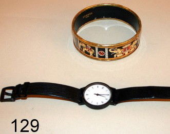 129) GEORGE JENSEN DENMARK LADY'S BLACK STAINLESS STEEL: WRIST WATCH W/ORIGINAL BLACK LEATHER BAND, 320 DESIGN, HENNING KOPPEL AND AN HERMES AUSTRIAN ENAMELED BANGLE BRACELET, HERMES BANGLE W/NONATTACHED OUTER RIM BAND