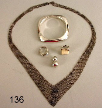 136) 4 TIFFANY STERLING SILVER PERETTI PCS.: MESH SCARF: ,HARD BRACELET, RING & GOURD SHAPED PENDANT; RING W/IVORY INSET