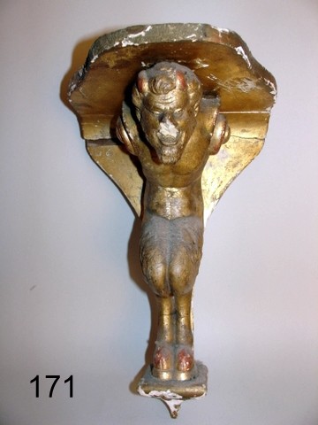171 19TH C. COMPOSITION GILT WALL BRACKET, W/SATYR : FIGURE SUPPORT, H.11 1/2", W. 7 1/2", COND.: W/BRUISED NOSE