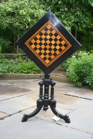 174) AESTHETIC, EBONIZED, PEDESTAL BASE TABLE W/INLAID : CHECKERBOARD,TILT TOP, 2 BOSSES NOT ATTACHED, H.30 1/2", TOP 18" X 17"