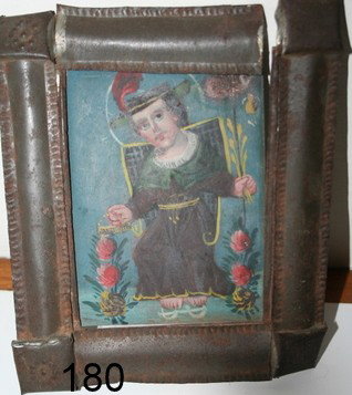 180) ANTIQUE MEXICAN SANTOS IN TIN FRAME, SIGHT: 5" X 3: .5"; FRAME NEEDS SOLDERING
