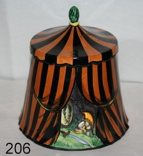 206) ITALIAN GLAZED FAIENCE COVERED JAR, MKD. BRONZINI : , ITALY, TENT SHAPED,FLAKE ON FINIAL, H.8 1/2"