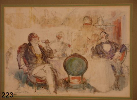 223) HENRY PATRICK RALEIGH ( WESTPORT, CT., 1880-1944) : MIXED MEDIA, 4-GALLANTS @ DINNER, SGD. & D. 1925, 14 X 19 ¾" (SIGHT)