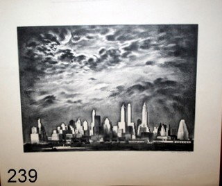 239) LOUIS LOZOWICK (RUSSIAN/AMER.) 1892-1973) "STORM : OVER MANHATTAN", LITHOGRAPH, 1935, SIGNED AND DATED '36' IN PENCIL, FROM AN EDITION OF 189 ; FULL-SHEET: 15 x 17 5/8", COND.: PAPER CLIP OUTLINE UPPER LEFT, SLG. ABRASION UPPER OUTER EDGE OF BORDER