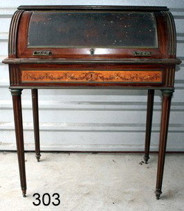 303) LOUIS XVI-STYLE 19TH C. BUREAU A CYLINDRE, SMALL : SIZE, ORMOLU FITTINGS,CYLINDER ROLL W/INSET PAINTED SCENE W/SURFACE DMGD., MISSING PC. OF MOLDING, FEW DEEP GAUGES ON SIDES, 1-FRONT FOOT MISSING PC..