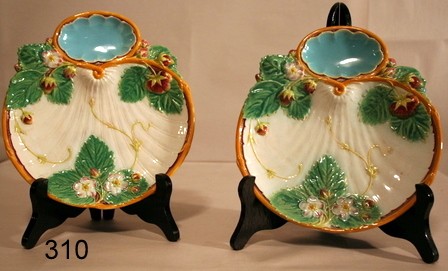 310) TWO MINTON STRAWBERRY PLATES CIRCA 1846, L: 8.75";: BOTH WITH SMALL LEAF CHIPS;