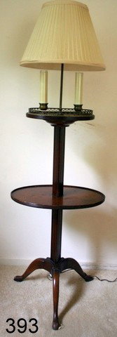 393) MAHOGANY LAMP TABLE : CRESTED BY SHELF W/TWIN CANDLE STICK LIGHTS, OVER MEDIAL RND SHELF , RESTING ON TRIPOD FEET, H.38"