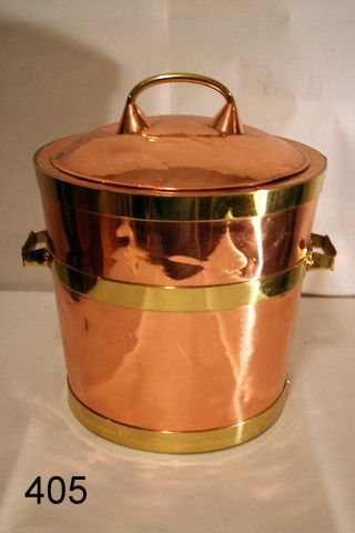 405) HAND MADE COPPER AND BRASS ICE BUCKET: W/ STEEL LINER, MARKED "HANDMADE, J.C."; H: 15" D: 14"