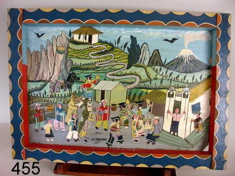 455) 20TH C. MEXICAN OIL PAINTING ON VELLUM: "ESTE ES LA FIESTADE TRERY IS", JUAN FRANUSLO---, & D. 1983, 11 1/4 X 17"