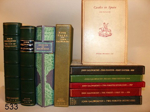 533) LOT 10 JOHN GALSWORTHY BOOKS:: FIVE TALES, LONDON, HEINEMANN (1918), 1ST ED., STAMPED "PRESENTATION COPY, MOR. BACKED CASE; "JOCELYN", CLOTH, LONDON, 1898, 1ST ED., THE AUTHOR'S 2 ND BOOK, ED. 750; CLOTH CASE; "IN CHANCERY", 1ST ED