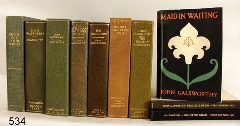 534) LOT 10 JOHN GALSWORTHY BOOKS:: FROM THE FOUR WINDS, THE AUTHOR'S RARE FIRST BOOK, ONE OF 500 COPIES, 1897, CLOTH CASE; 2-COPIES "FRATERNITY", LONDON: WM. HEINEMANN, 1909, 1ST ED., MOR. BACKED CASE; 2-COPIES 1ST ED. AMER. & LONDON, 