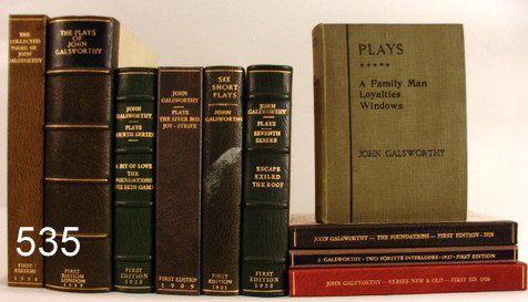 535) LOT 10 JOHN GALSWORTHY BOOKS:: TWO FORSYTE INTERLUDES, WILLIAM HEINEMANN, LTD., ORANGE PAPER COVER, 1ST ED., 1927, COVER W/LRG. CHIP, MOR BACKED SLIP CASE; "THE FOUNDATIONS, AN EXTRAVAGANT PLAY IN THREE ACTS", LONDON, 1ST ED., 1928