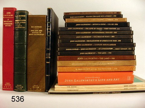 536) LOT: JOHN GALSWORTHY MOSTLY 1ST ED.: PAMPHLETS, BROADSIDE, BOOKS ABOUT., AUTHOR, ETC., MOST W/MOR. BACKED CASES & SLIP CASES: "ON EXPRESSION"; "AN APPRECIATION"; "AUTHOR & CRITIC"; "THE CREATION OF CHARACTER IN LITERATURE"; "PLAYING THE 