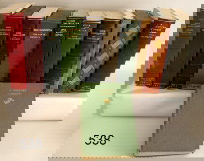 538) LOT 10 JOHN GALSWORHTY BOOKS, ALL 1st ED.: MOR BACKED CASE: THE MAN OF PROPERTY, 1906; " SAINTS PROGRESS", 1919, D/J; "THE PATRICIAN", 1911;2-COPIES "ONE MORE RIVER", 1933,BOTH W/ D/J; "A MAN OF DEVON", 1901; "A MOTLEY", 1901; "MOODS, SONGS &