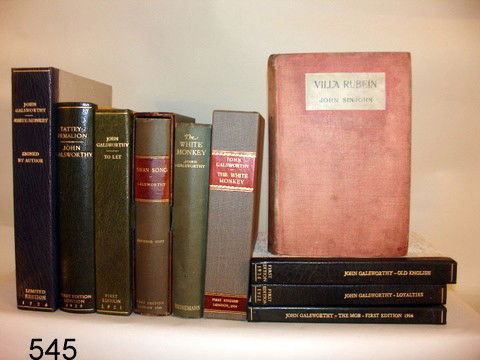 545) LOT 10 JOHN GALSWORTHY BOOKS, MOST 1ST ED.: MOR. BACKED OR SLIP CASE: 3-COPIES: "THE WHITE MONKEY', 1-W/D/J & SLIP CASE , 1-SGD. BY AUTHOR, LIMITED ED. 265 COPIES & 1-W/NO MOR. BACKED CASE; "TO LET", 1921, BROWNED; "TATTERDEMALION", 1920; "SWAN