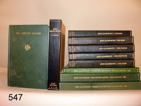 547) LOT 10 JOHN GALSWORTHY BOOKS, MOST 1ST ED.: MOR. BACKED CASES: SOAMES AND THE FLAG, SGD. COPY, 1930; "THE SILVER SPOON", 1926; " WINDOW", 1922; :THE WINTER GARDEN", W/D/J1935; " A SHEAF", 1916; "THE SHOW", 1925, W/D/J; "SKIN GAME", 1928; "THE P