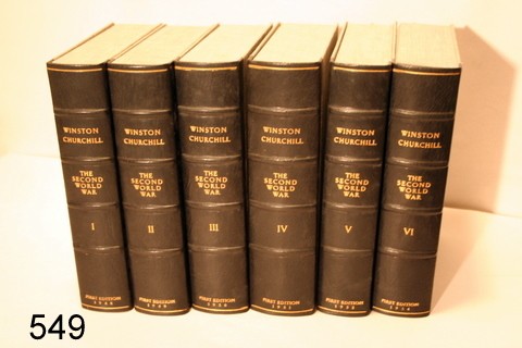 549) IST ED. SET OF WINSTON CHURCHILL : "THE SECOND WORLD WAR," W/ ORIGINAL D/J IN MOR. BACKED CASES, 6 VOLUMES